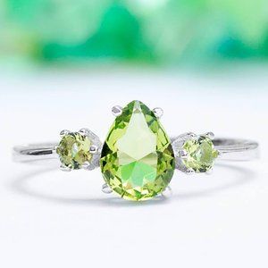 Green Peridot Pear Gemstone ring, 925 Sterling Silver Charmed Aroma August